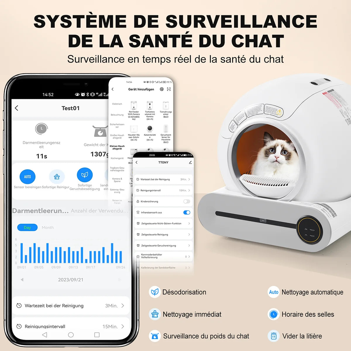 Arenero inteligente autolimpiable semicerrado blanco