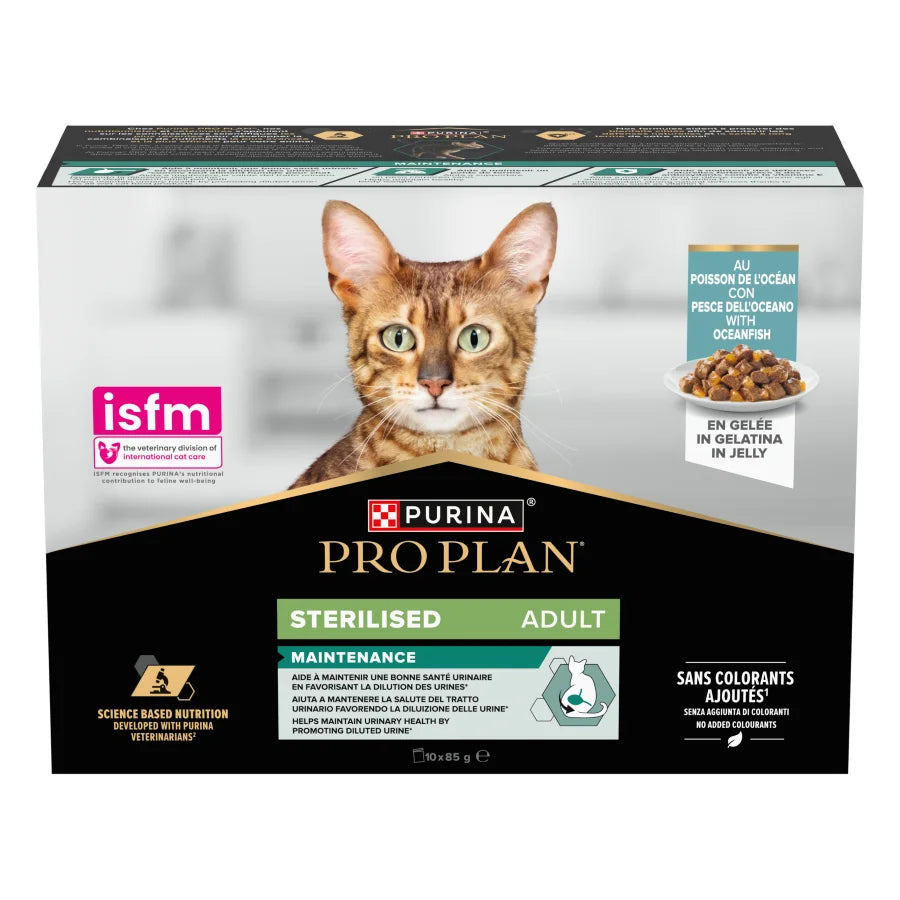 Purina Pro Plan Sterilised, comida húmeda para gatos esterilizados, pack de 10 sobres
