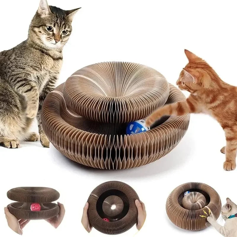 Rascador acordeón de cartón con bola para gatos