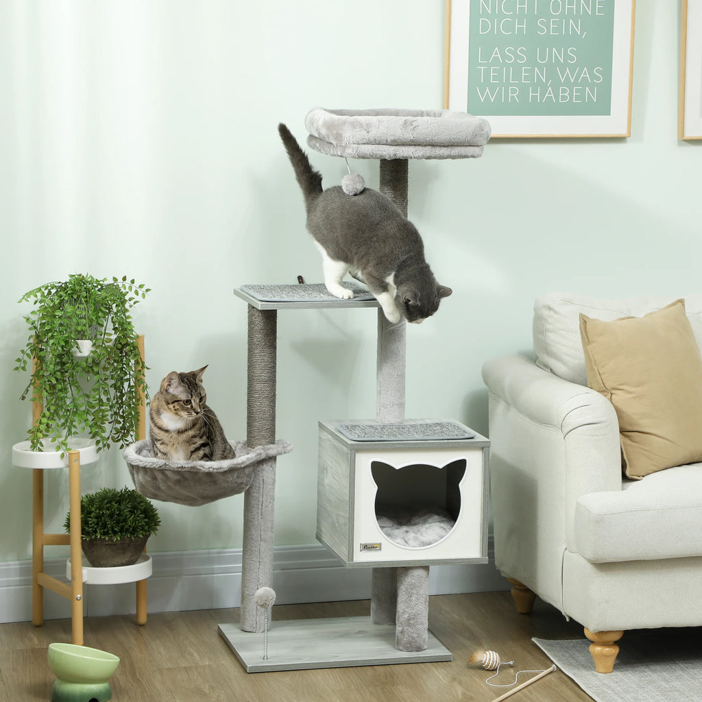 Árbol rascador con hamaca y cueva en gris claro
