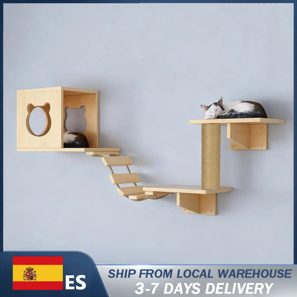 Estantes de pared de madera para gatos con postes rascadores y escalera