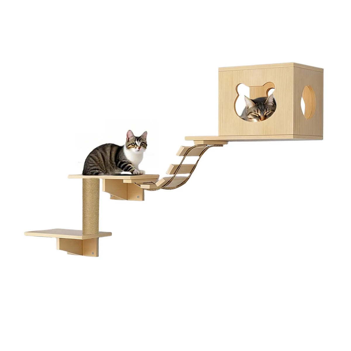 Estantes de pared de madera para gatos con postes rascadores y escalera