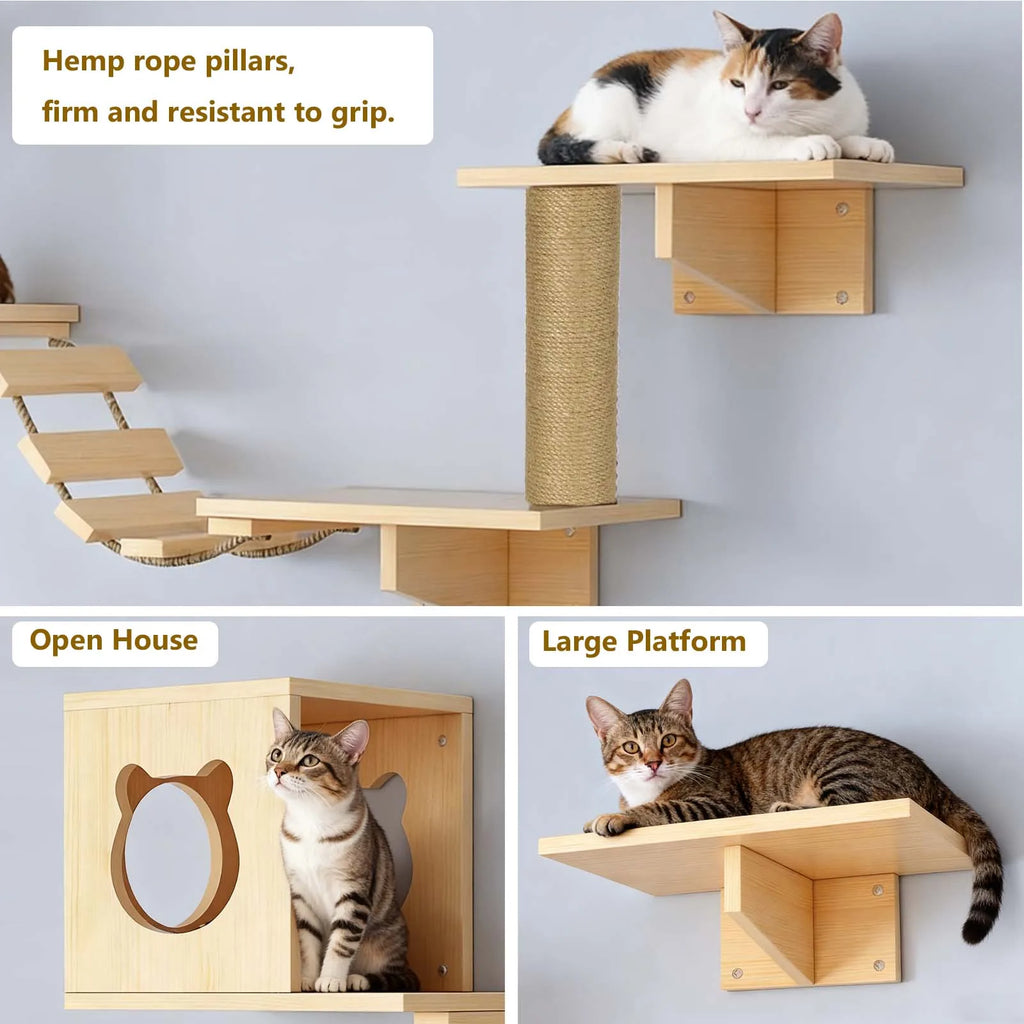 Estantes de pared de madera para gatos con postes rascadores y escalera