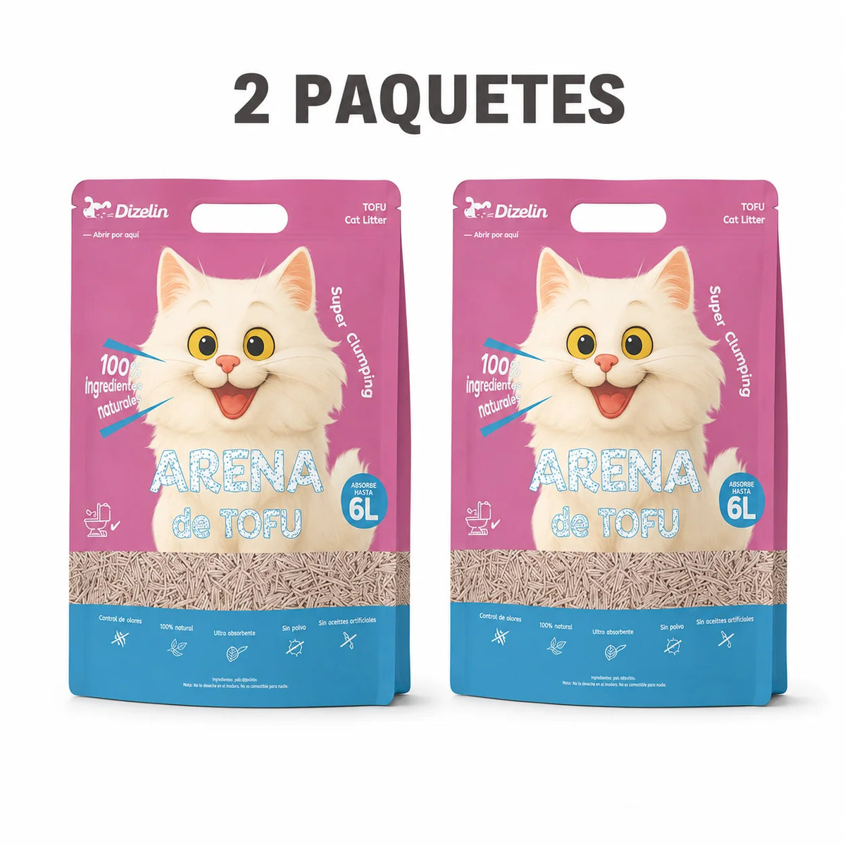 Arena de tofu natural para gatos, pack de 2 bolsas de 6 L