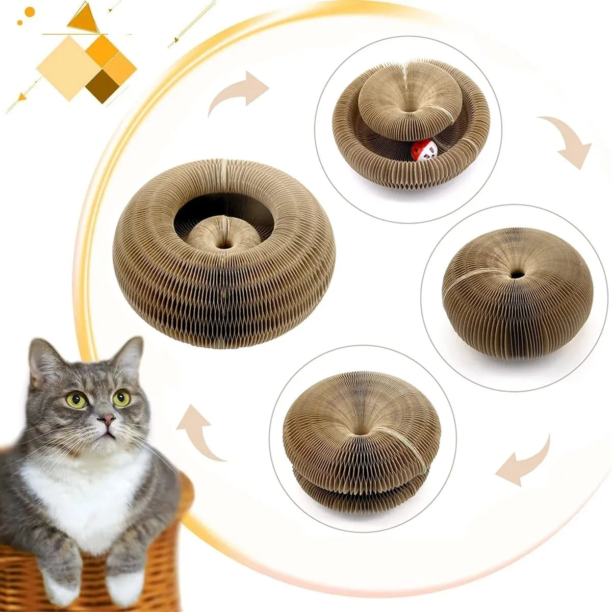 Rascador acordeón de cartón con bola para gatos